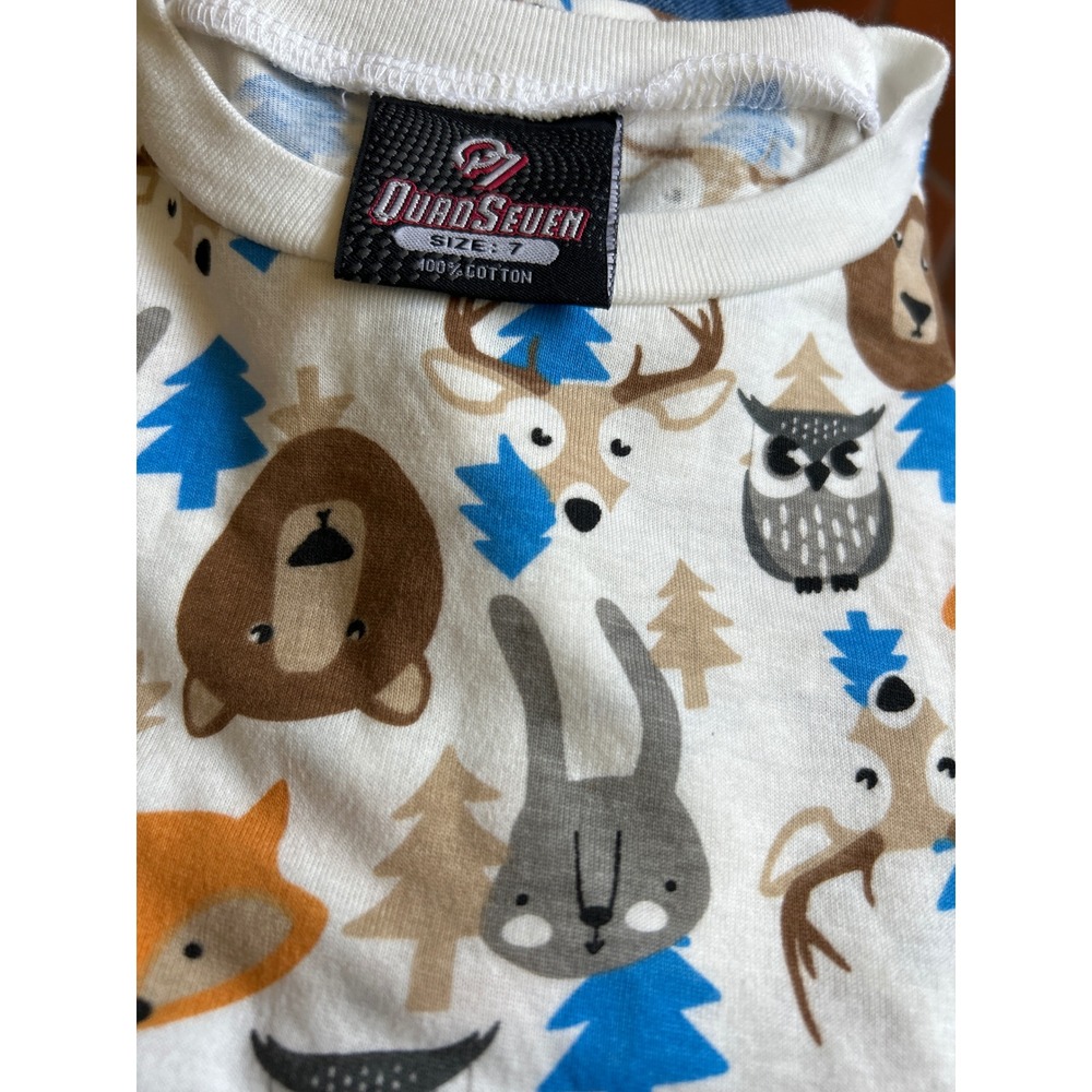 Quad Seven Boys Woodland Animal Print Pajama set White Cotton Long Sleeve Size 7